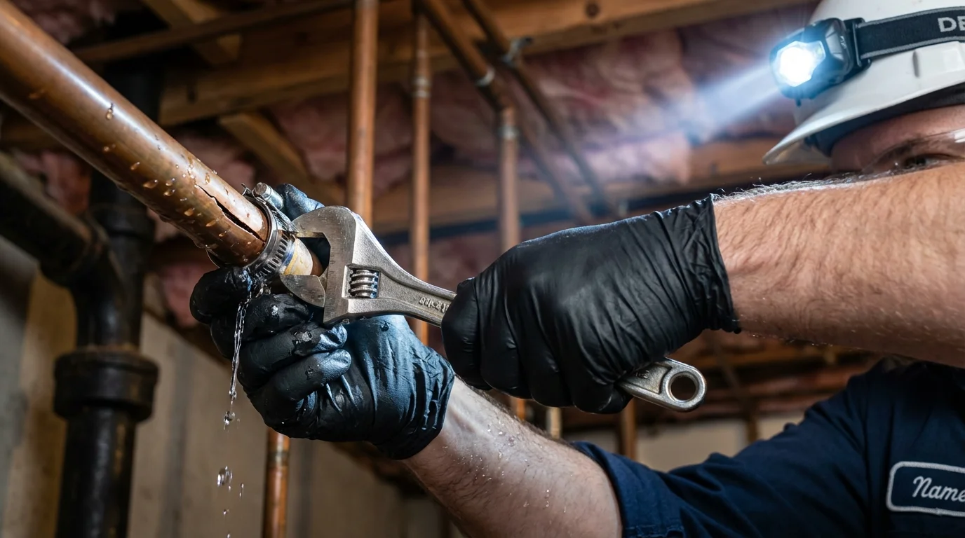 Emergency pipe clamp repair being performed by a Johns Plumbing LLC plumber in Granite Falls