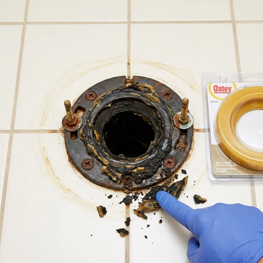 Failed wax ring showing water seepage at the base of a toilet in a Granite Falls, NC home