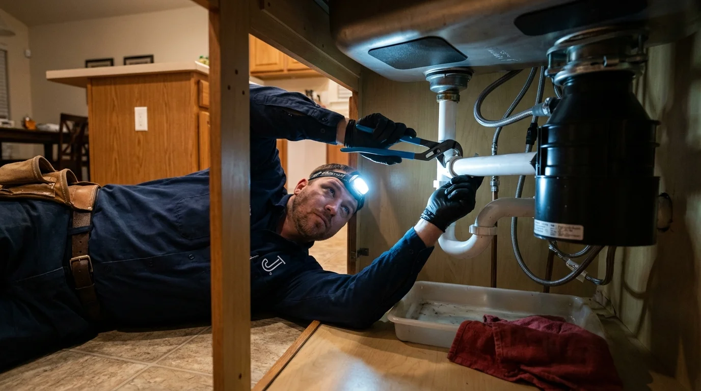 P-trap and supply line connections under a kitchen sink showing a common leak point in Granite Falls, NC